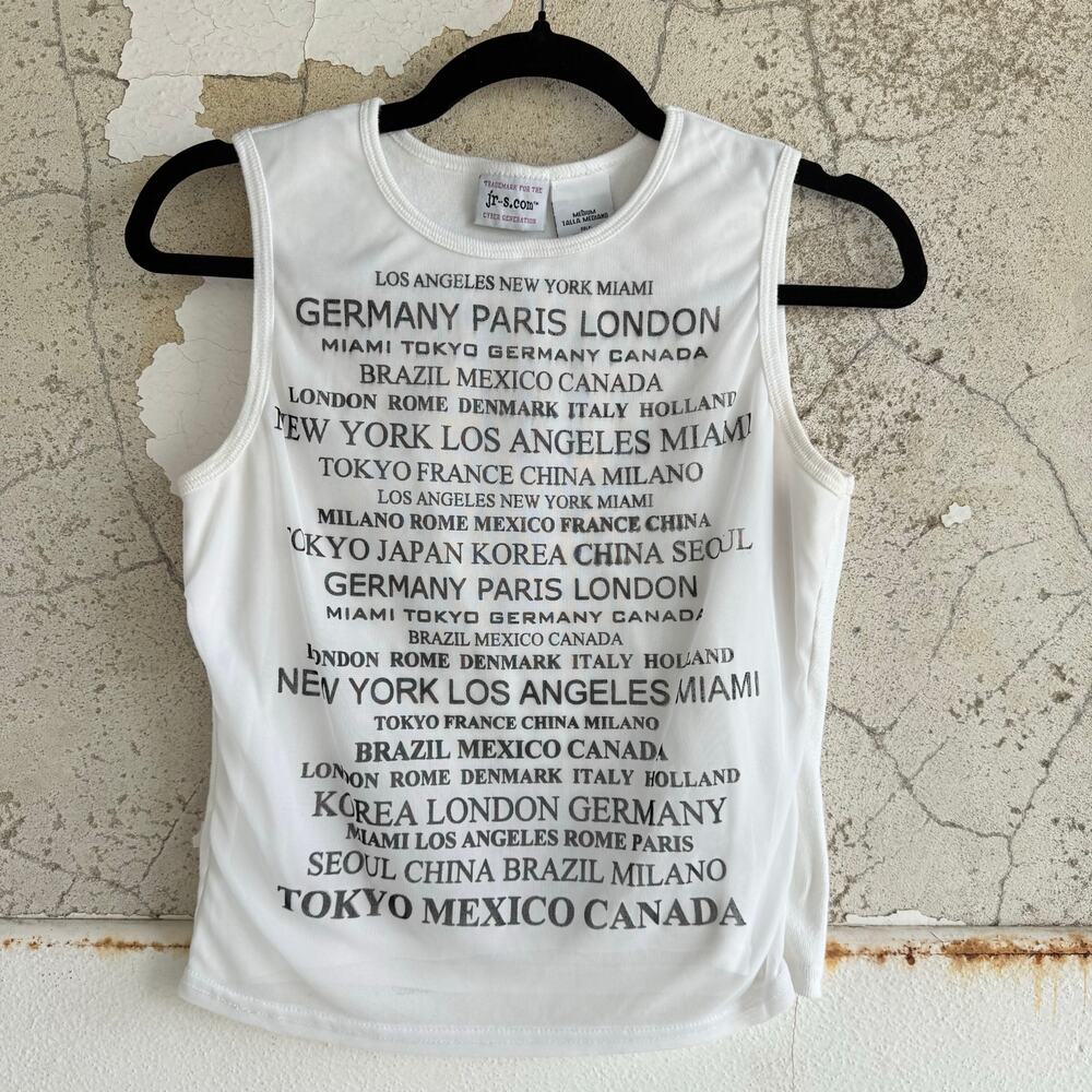 Y2K Tank Top Graphic City Print White Black Sleeveless Shirt Vtg Cotton Womens M